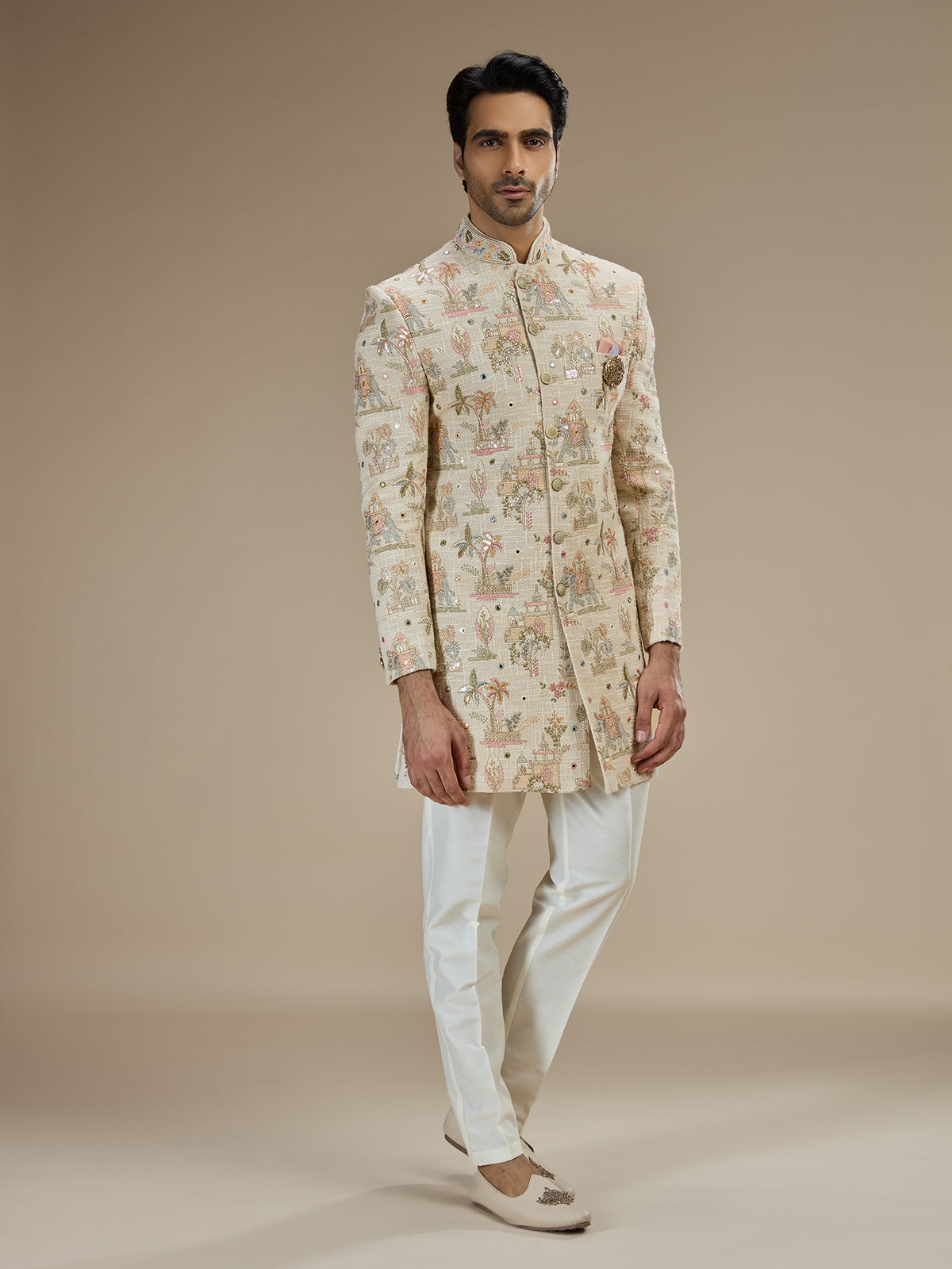 Cream men mughal garden indo western