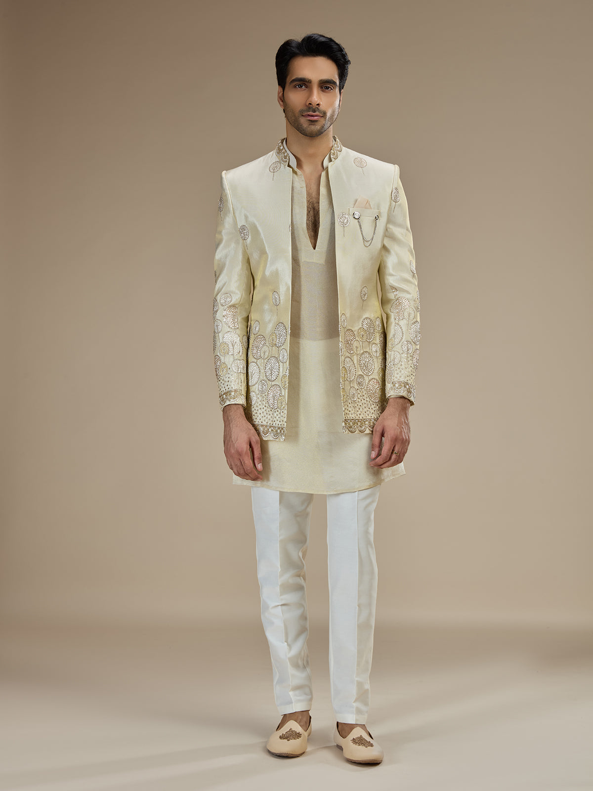 Cream men medallion embroidered indo western