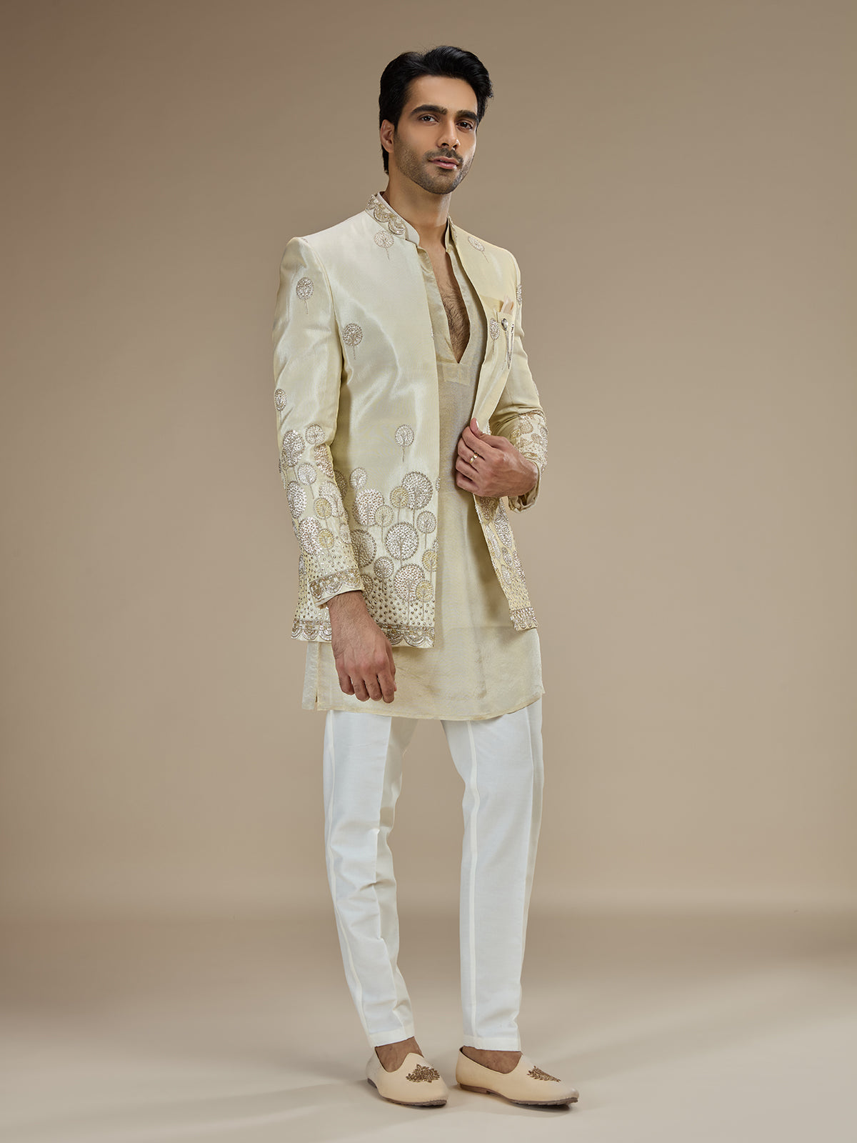 Cream men medallion embroidered indo western