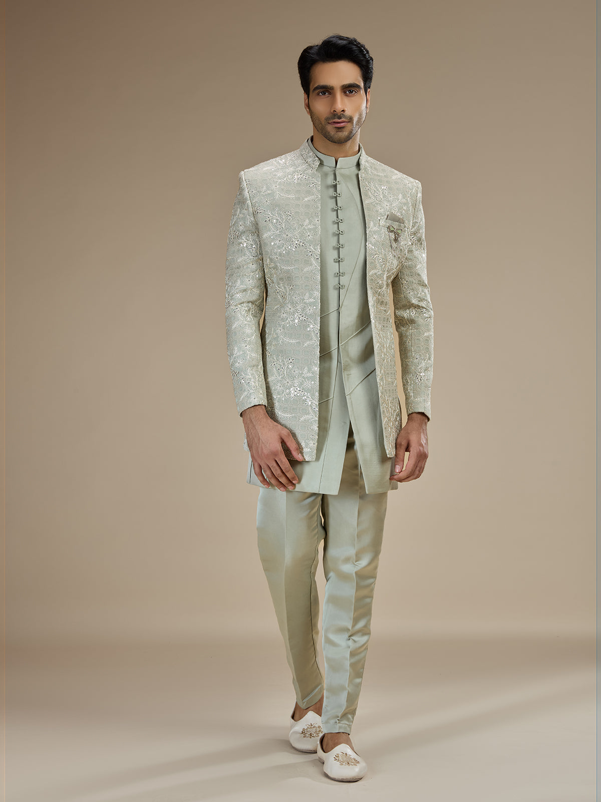 Sage green men floral bandhgala indo western