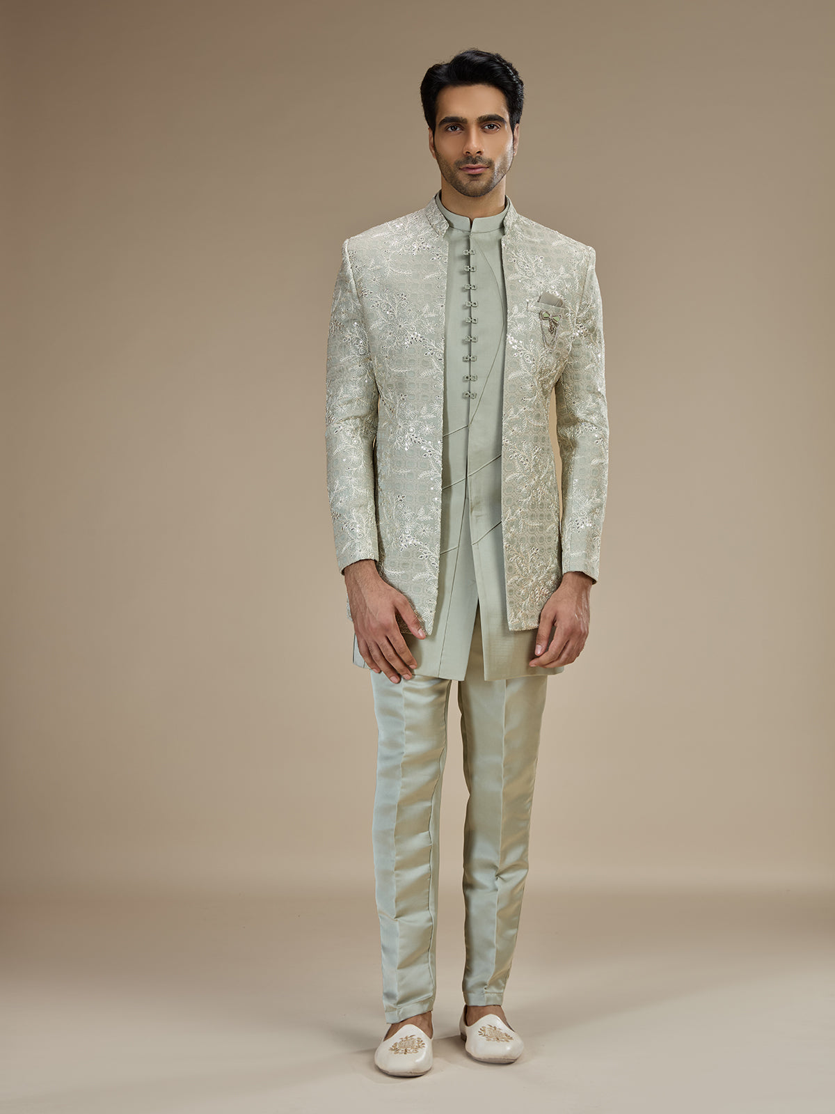 Sage green men floral bandhgala indo western