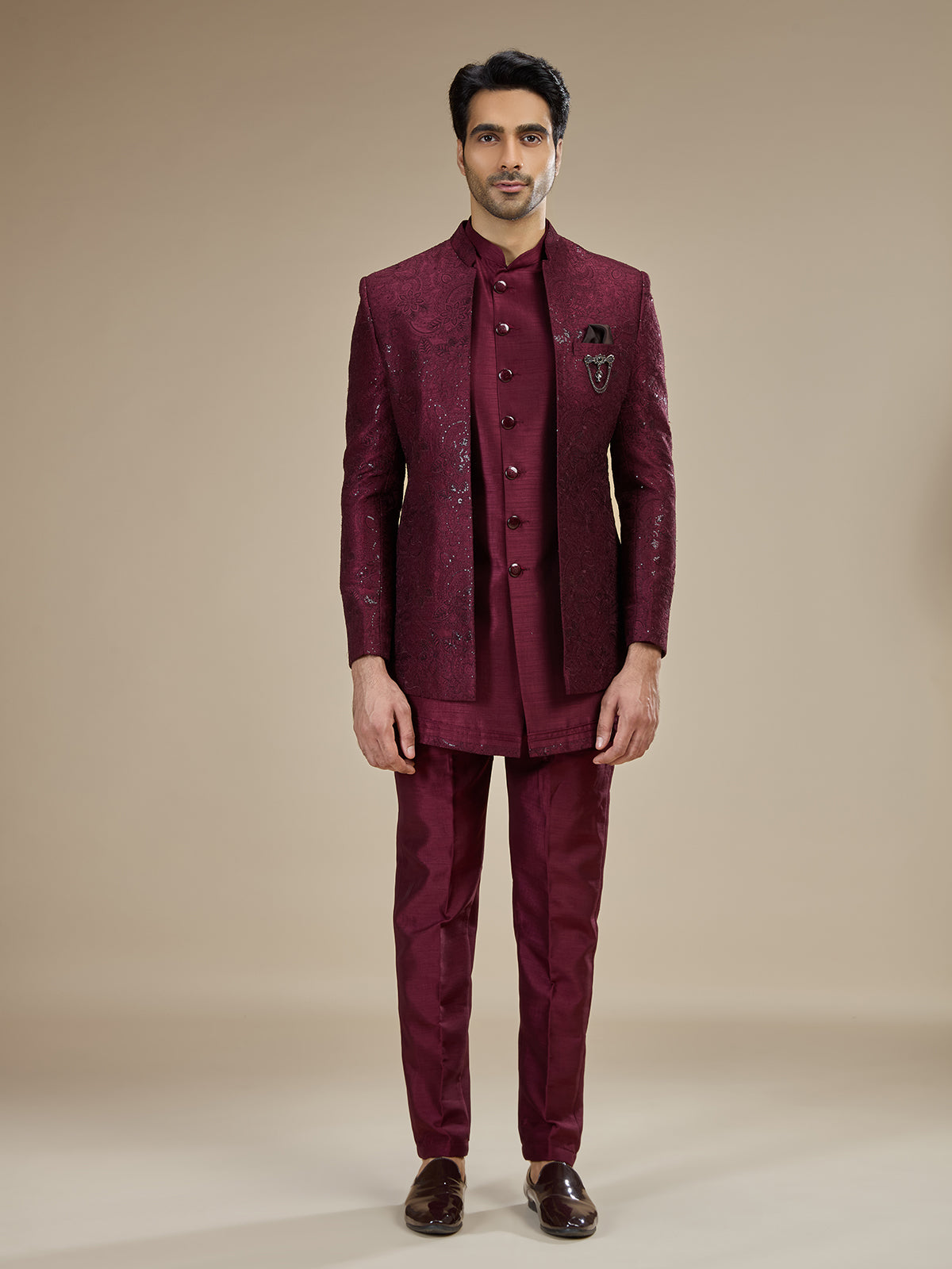 Maroon men layered brooch indo western
