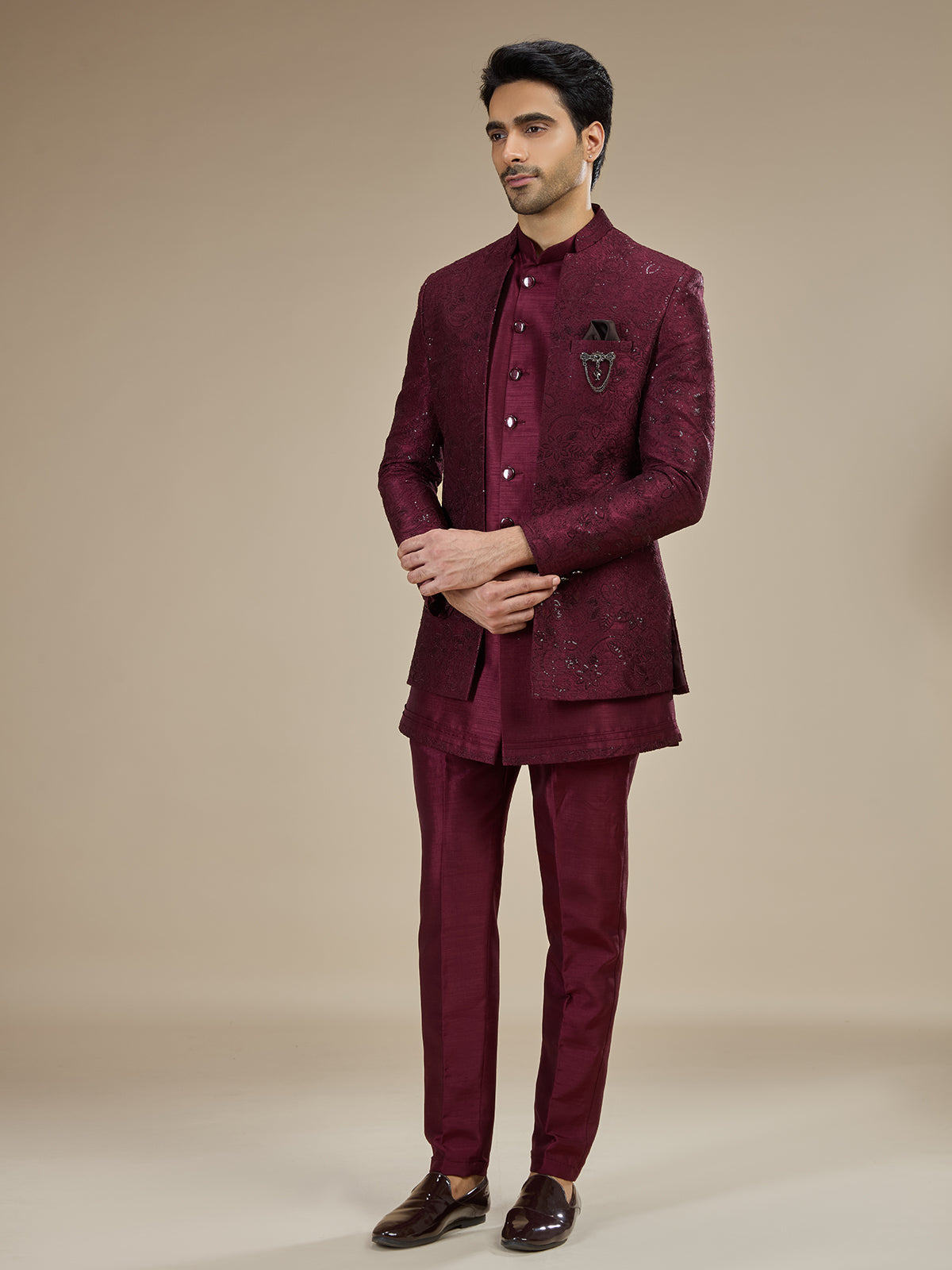 Maroon men layered brooch indo western