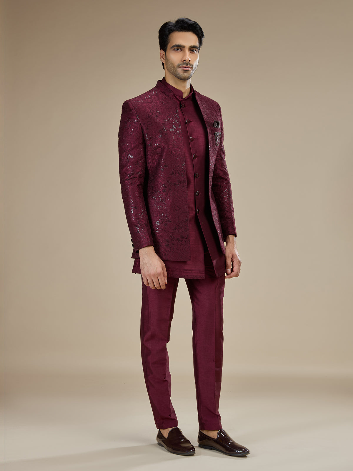 Maroon men layered brooch indo western