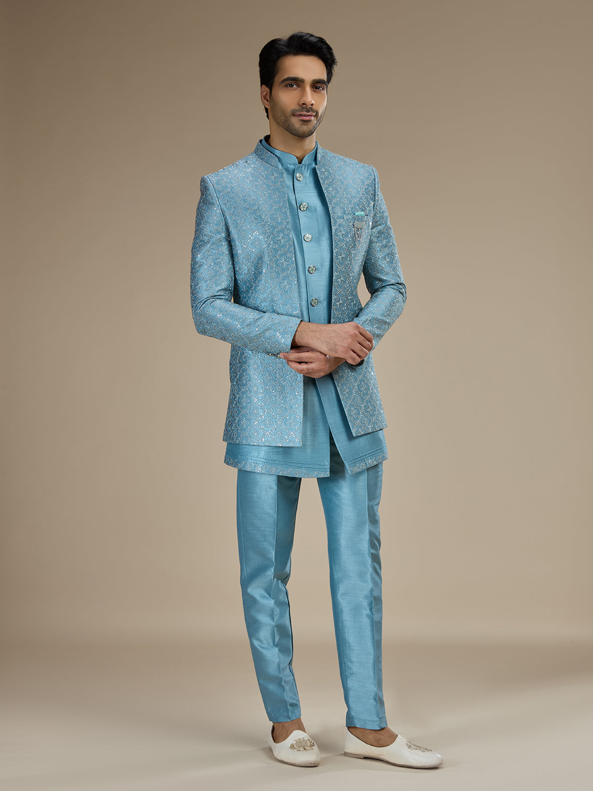 Powder blue men layered sequin indo western