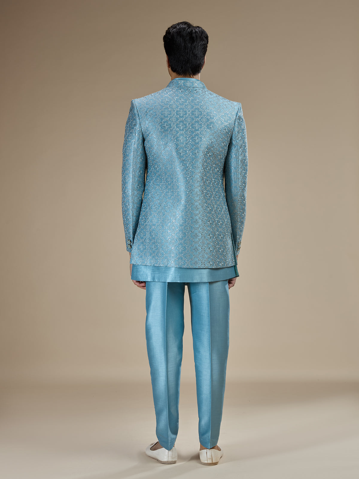 Powder blue men layered sequin indo western