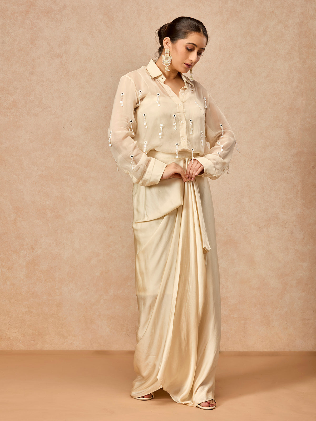 Soft ivory women sheer jacket indo western suit