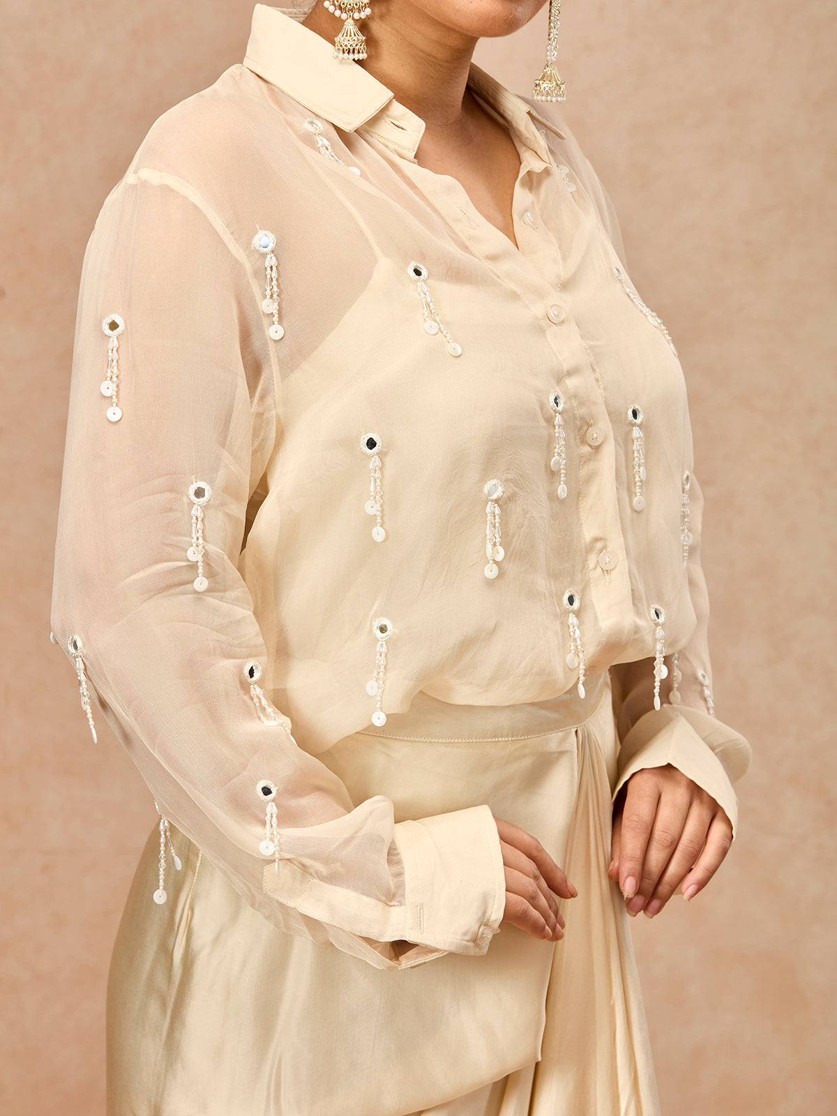Soft ivory women sheer jacket indo western suit