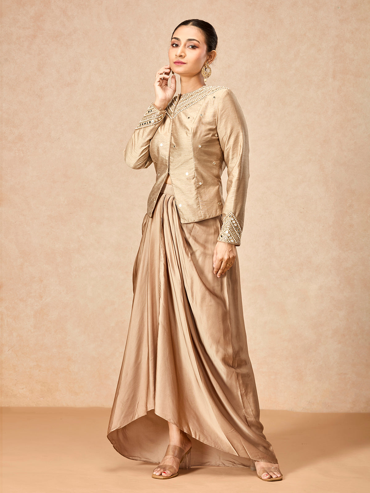 Champagne gold women embellished jacket indo western suit