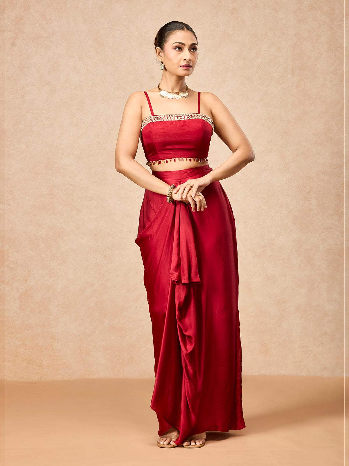 Ruby red women embellished draped skirt indo western suit