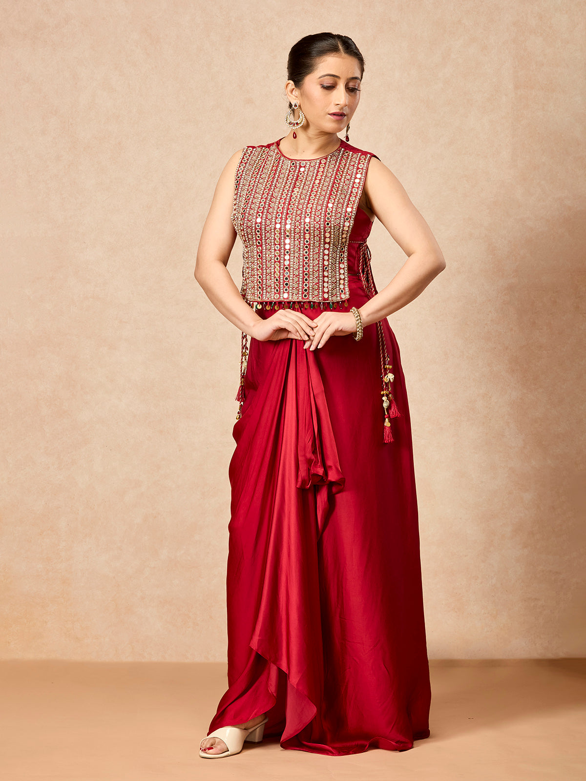Crimson red women draped skirt indo western suit