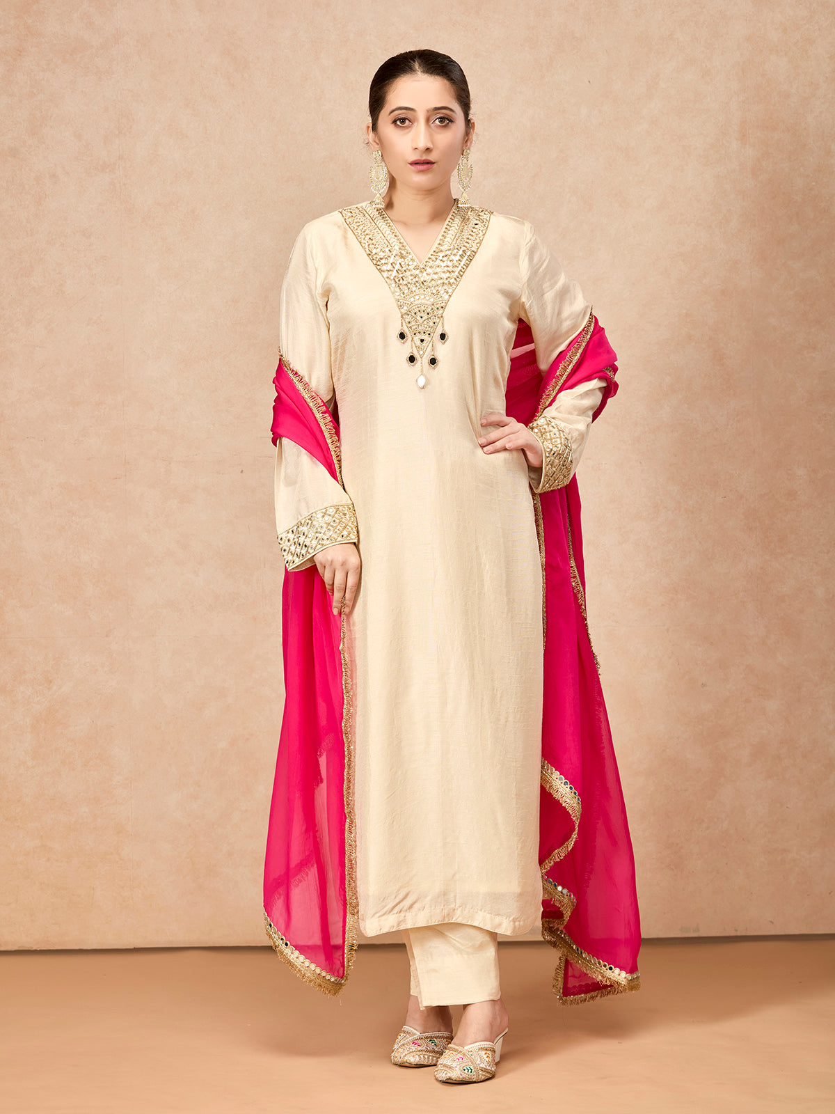 Beige women mirror embellished pant suit