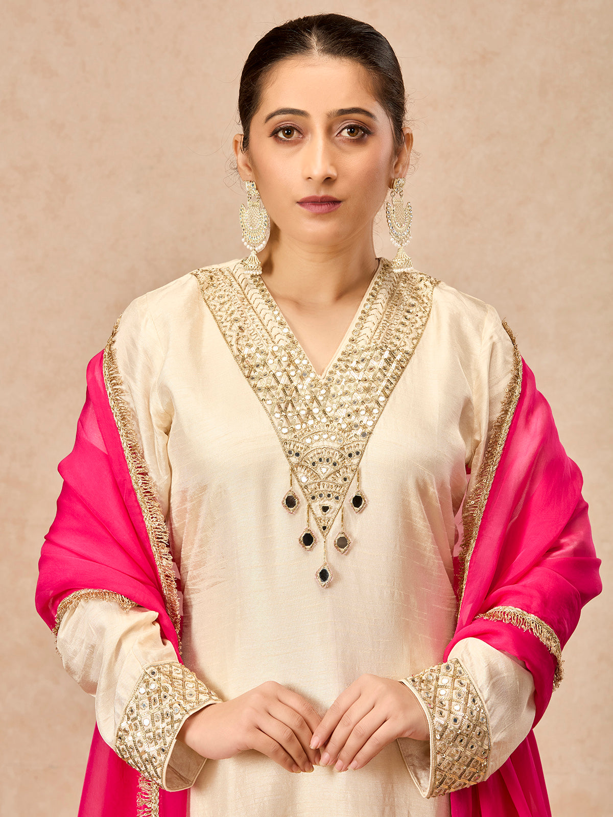 Beige women mirror embellished pant suit