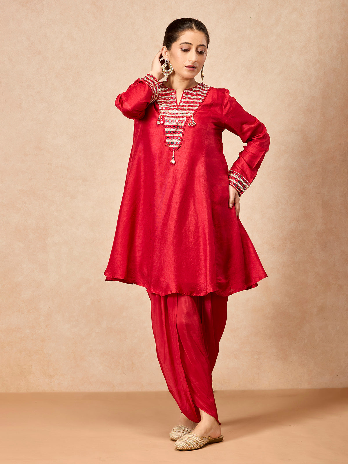 Maroon women aabla embellished dhoti suit