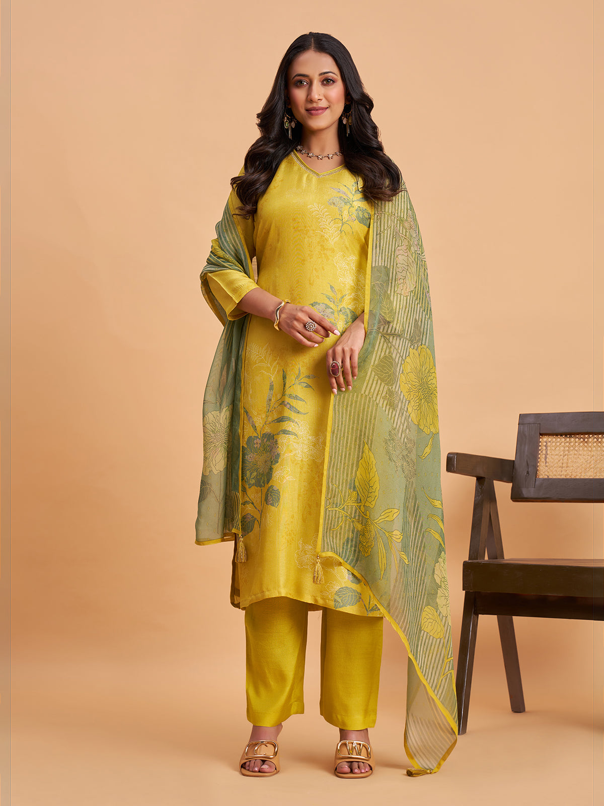 Sage green women botanical printed kurti set