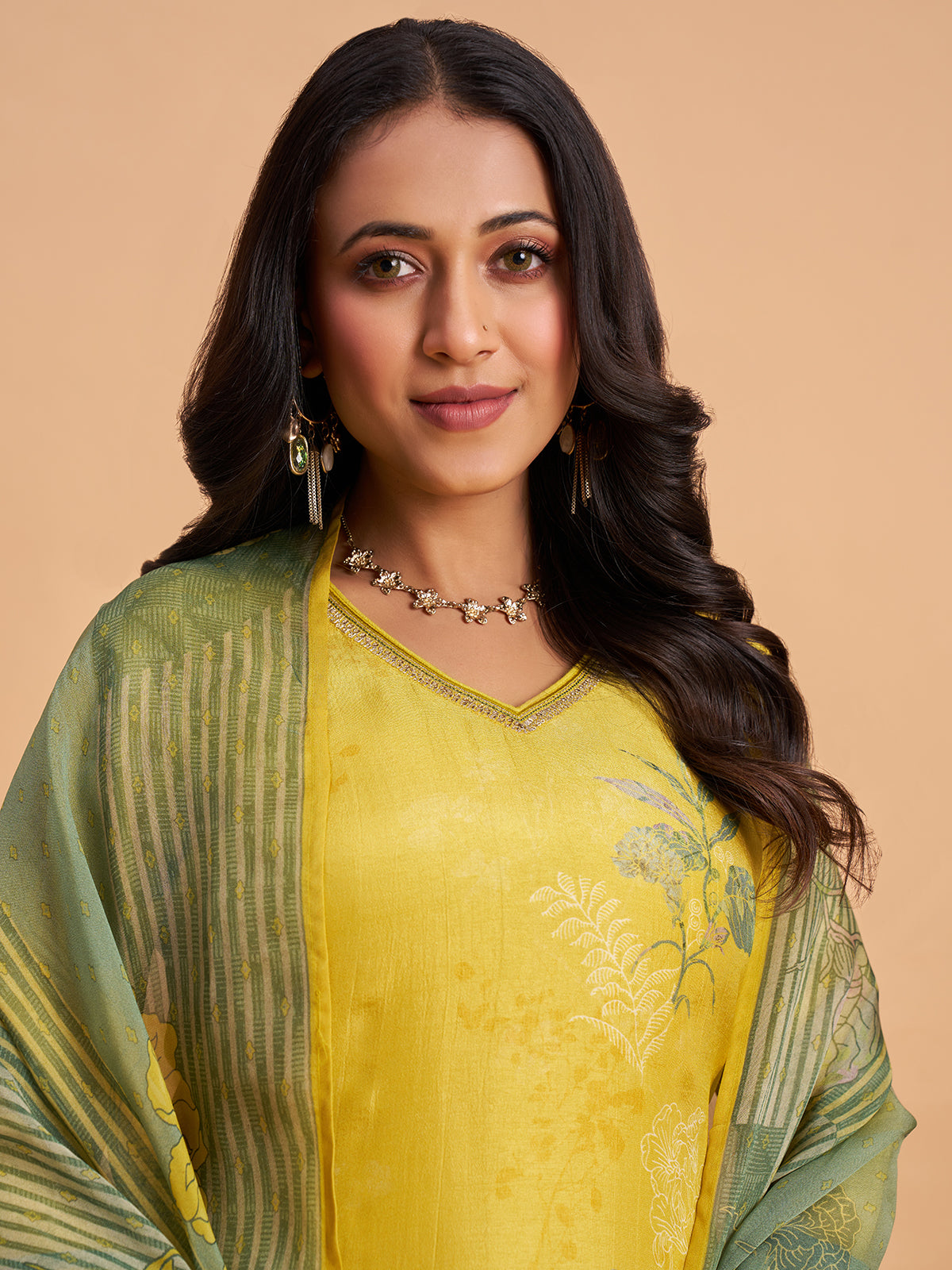 Sage green women botanical printed kurti set