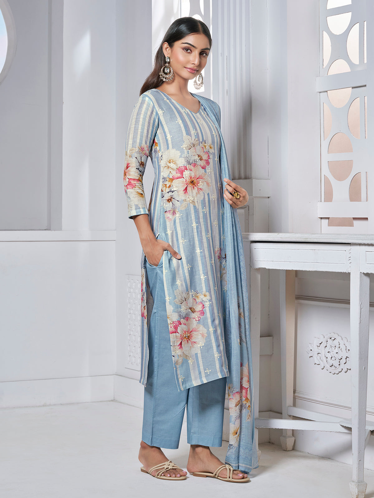 Powder blue women watercolor floral kurti set