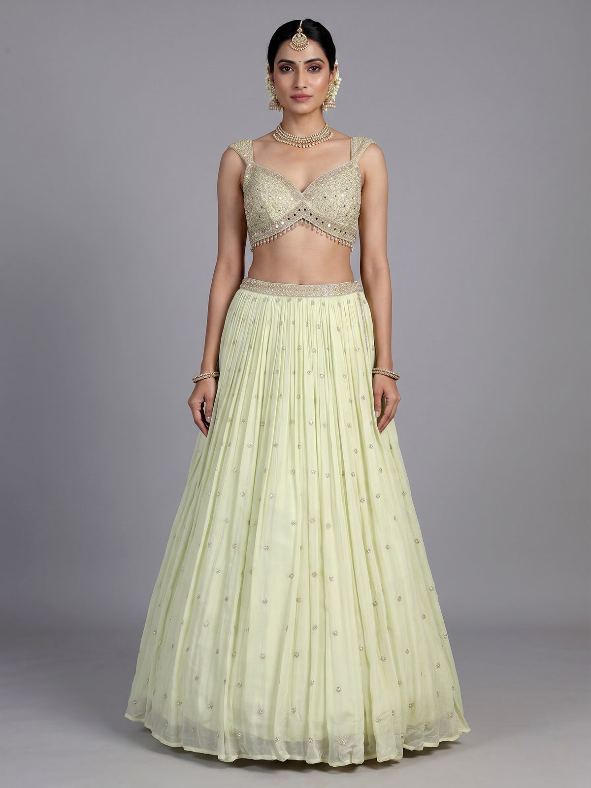 Pista green embellished chiffon lehenga choli with dupatta