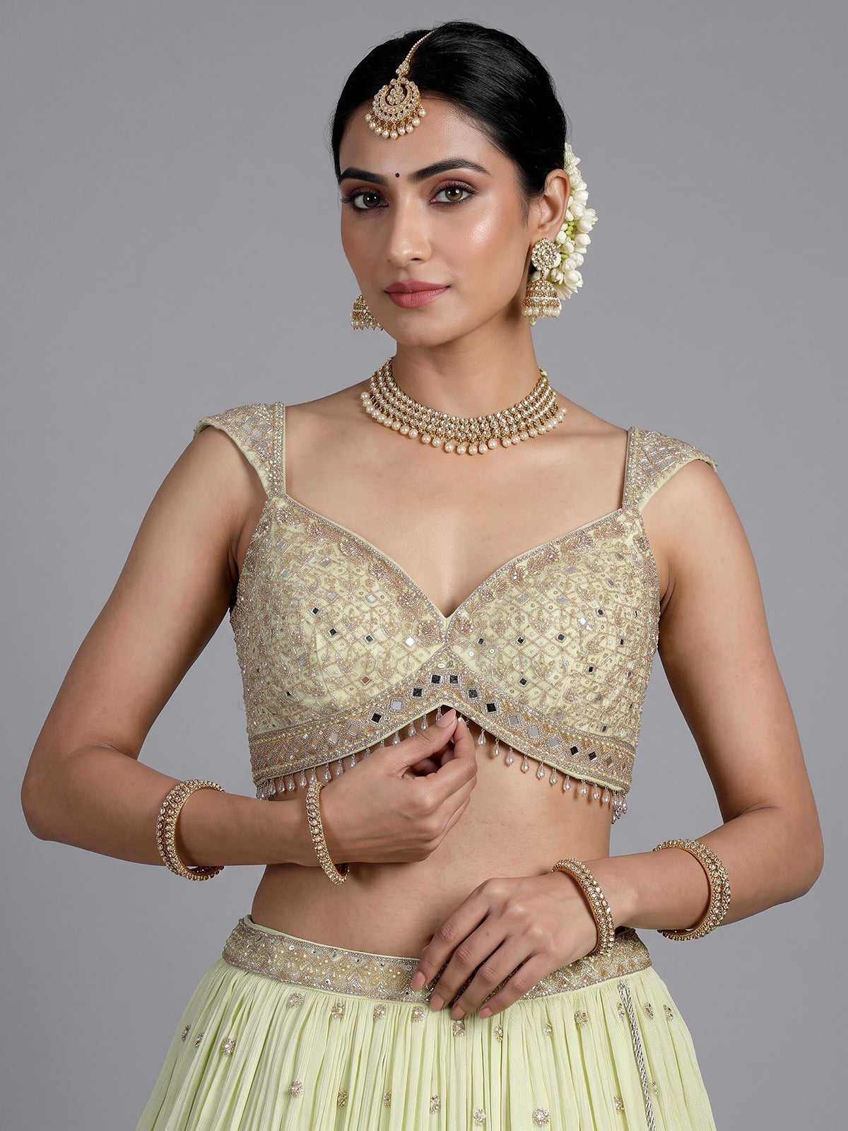 Pista green embellished chiffon lehenga choli with dupatta