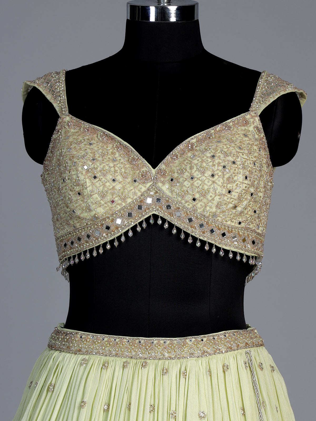 Pista green embellished chiffon lehenga choli with dupatta