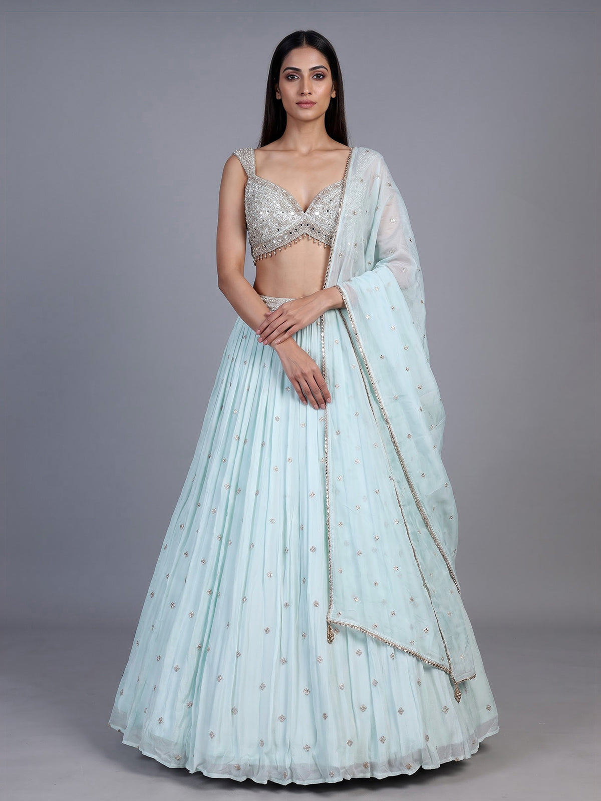 Mint blue chiffon embellished lehenga choli with dupatta