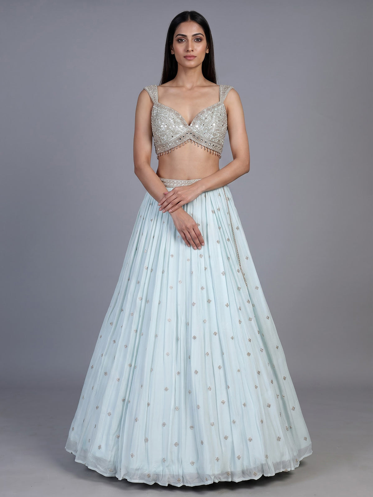 Mint blue chiffon embellished lehenga choli with dupatta