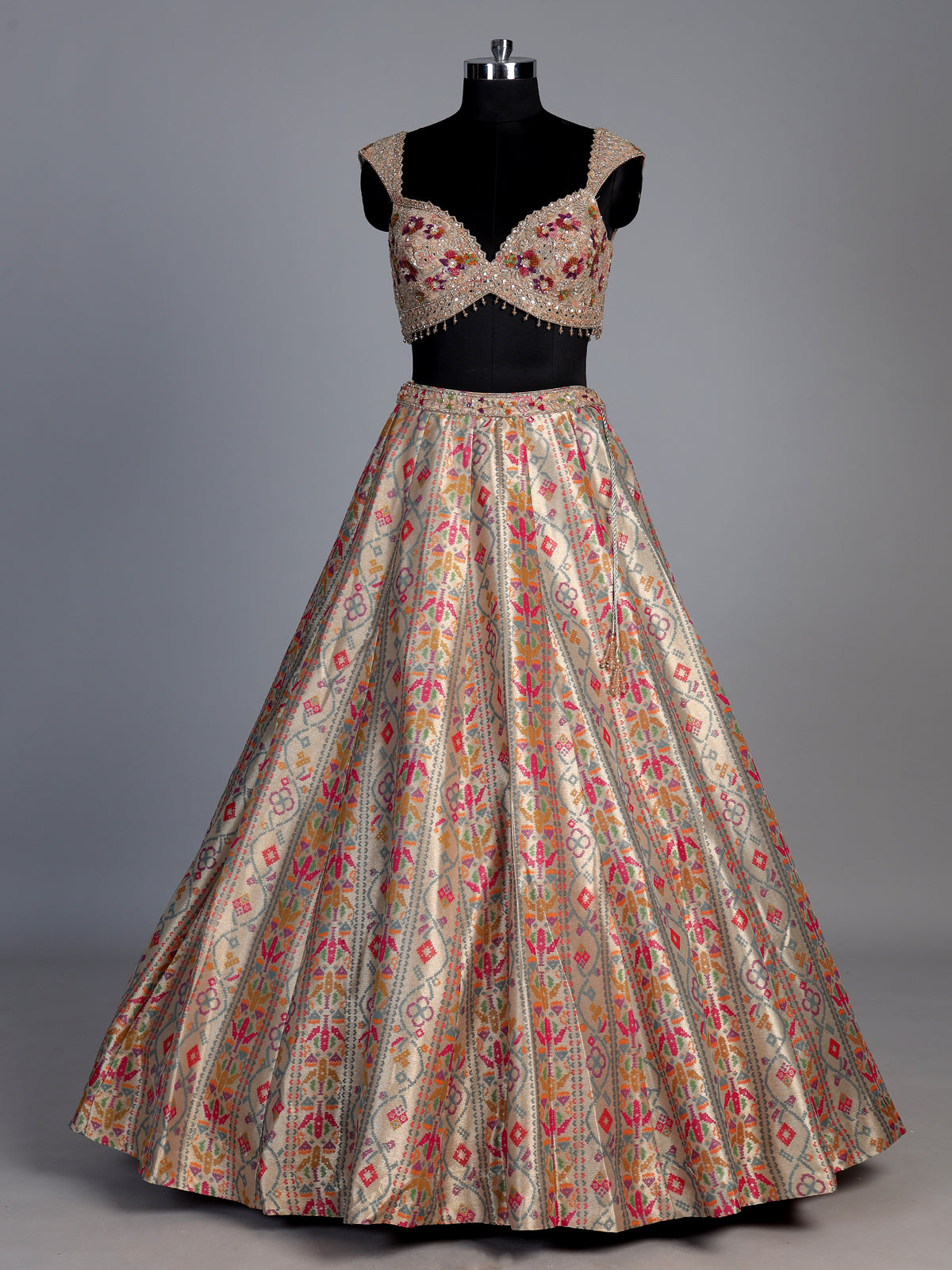 Pastel grey jacquard geometric floral lehenga choli with dupatta