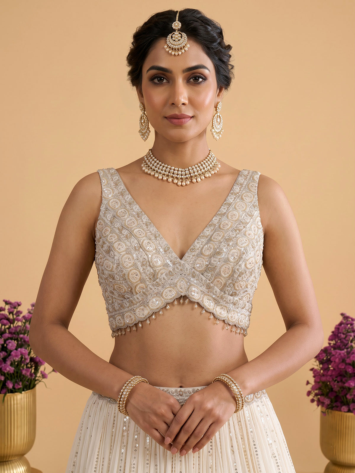 Cream georgette resham embellished lehenga choli with dupatta