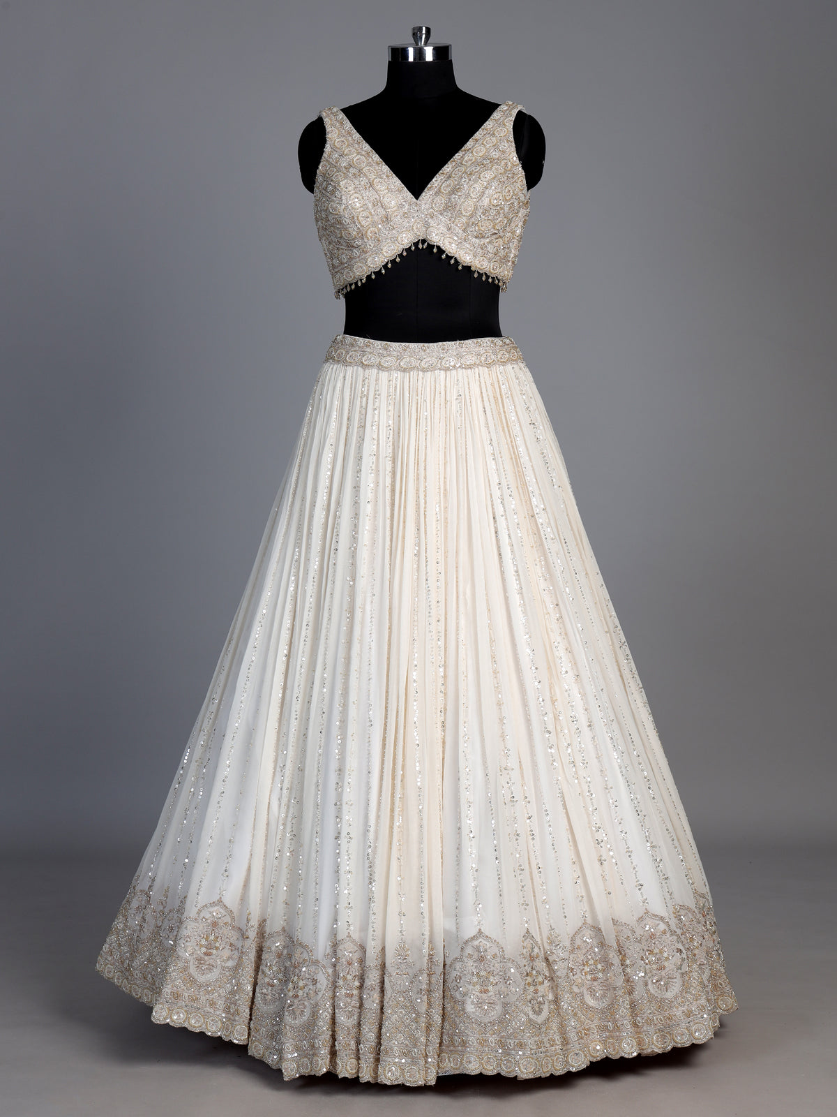 Cream georgette resham embellished lehenga choli with dupatta