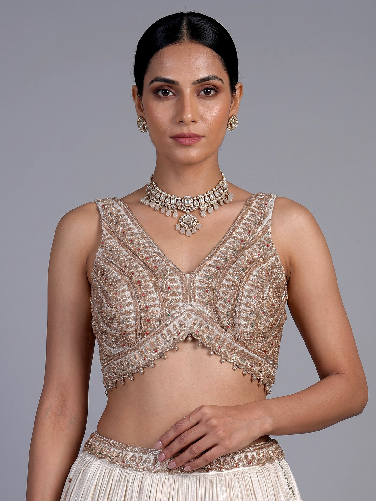 Cream silk embellished lehenga choli with elegant dupatta