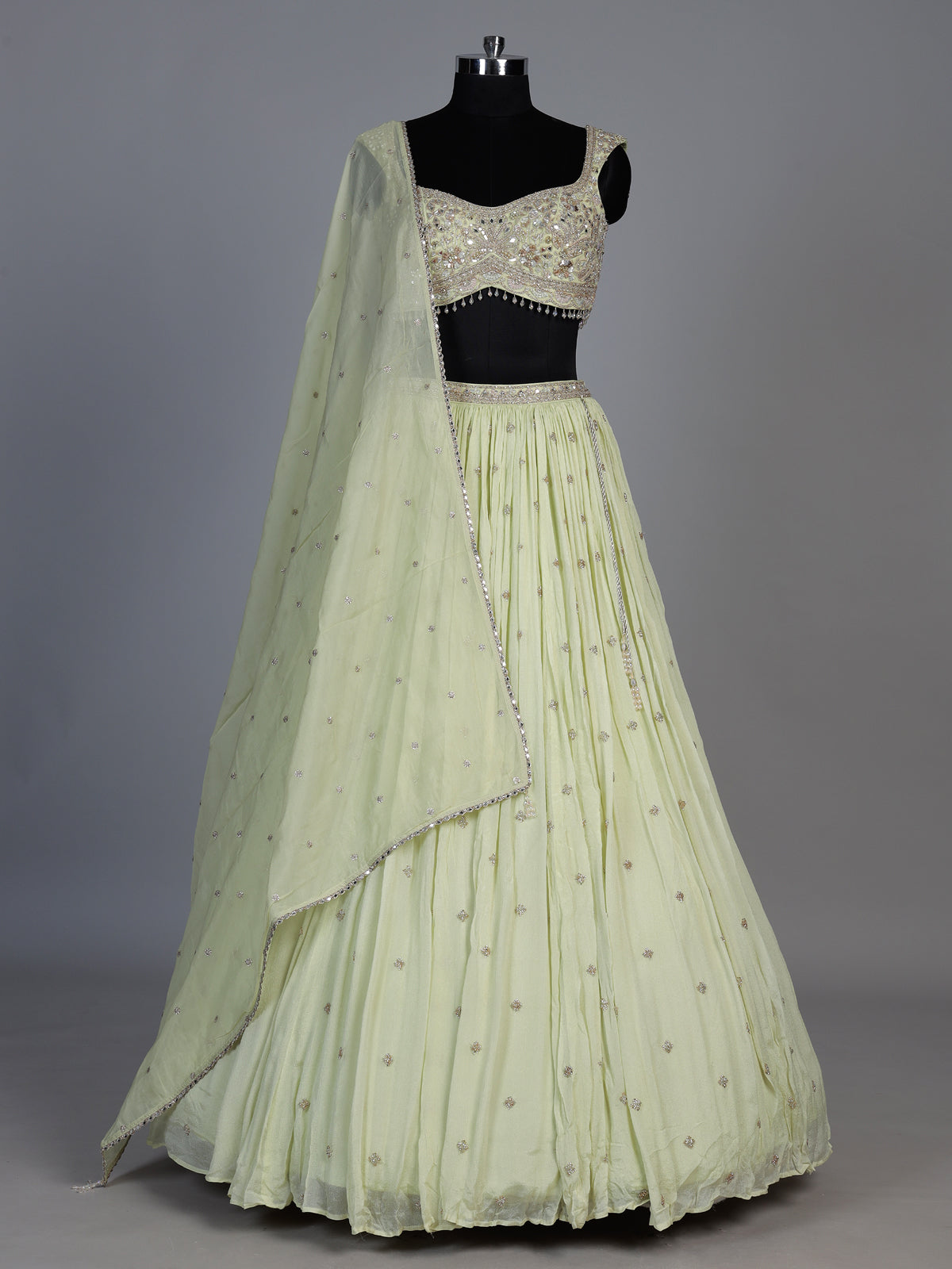 Pista green chiffon georgette lehenga with elegant sparkle