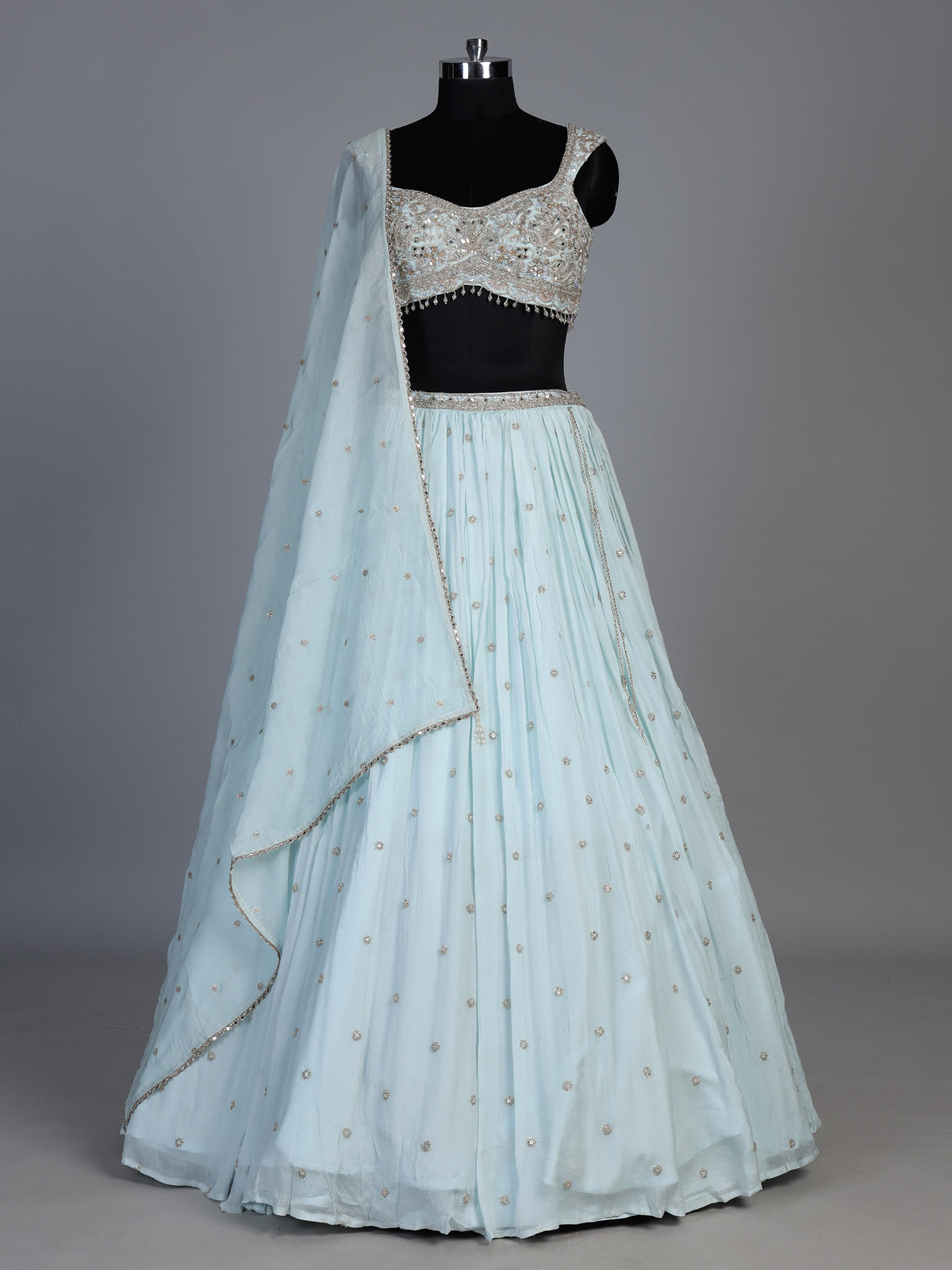 Sky blue chiffon georgette lehenga with sparkling embellishments