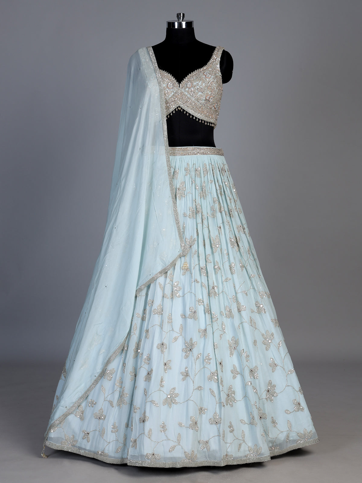 Mint blue georgette lehenga with floral embellished elegance