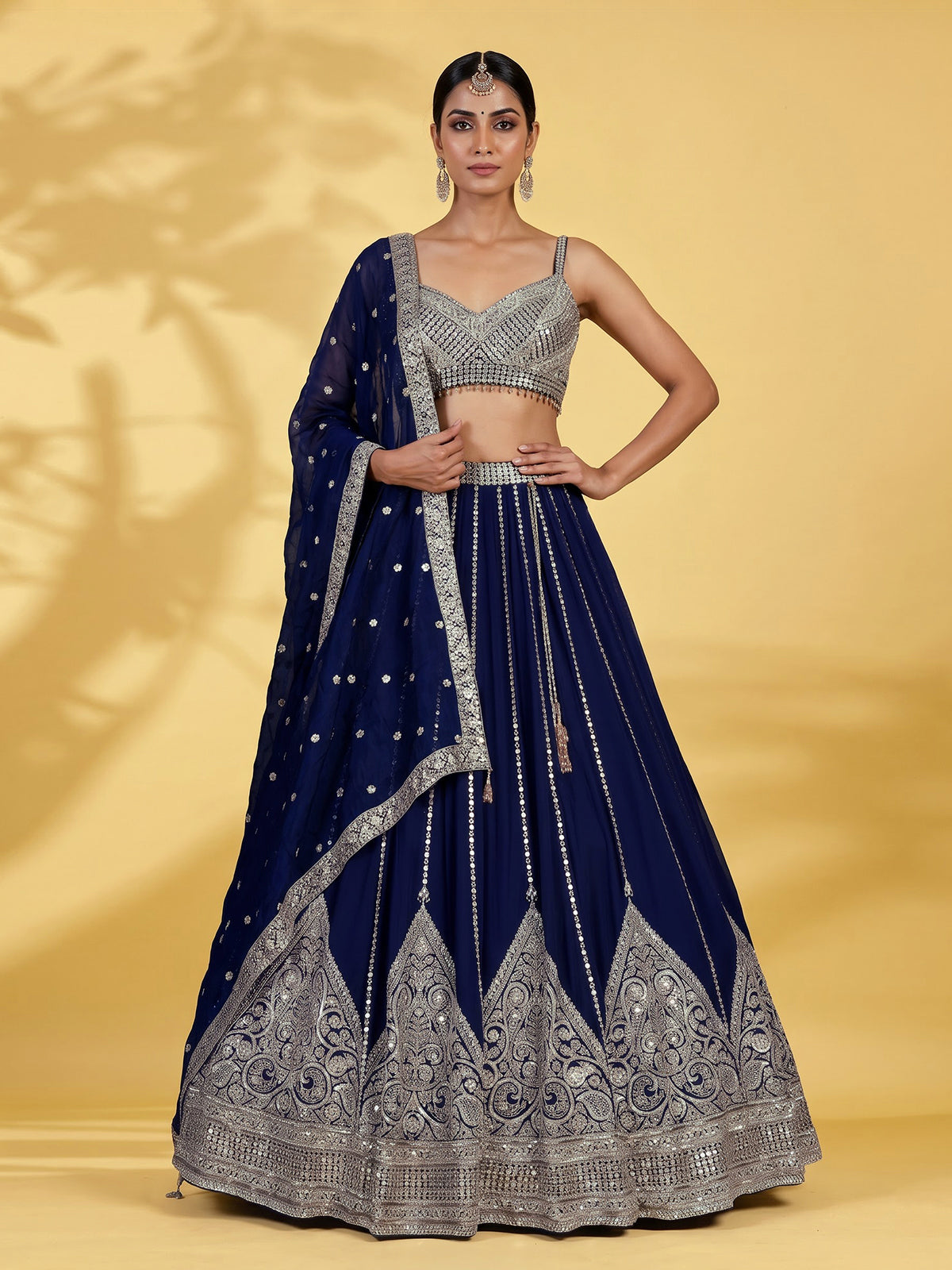 Navy blue georgette embellished lehenga choli with dupatta