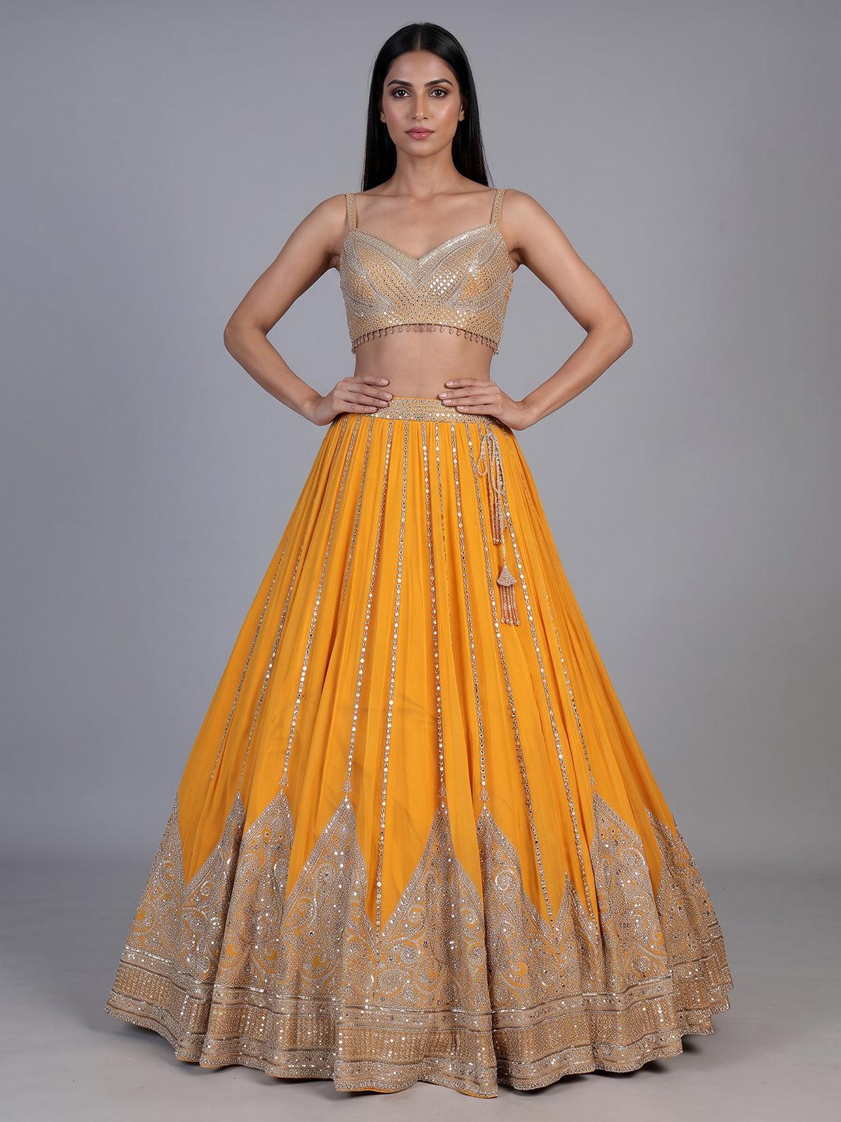 Mustard yellow georgette embellished lehenga choli with dupatta