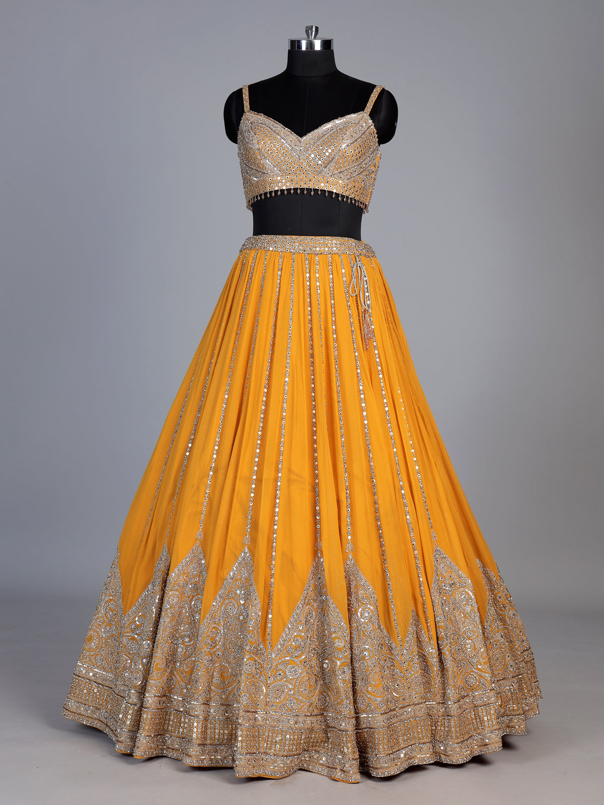 Mustard yellow georgette embellished lehenga choli with dupatta