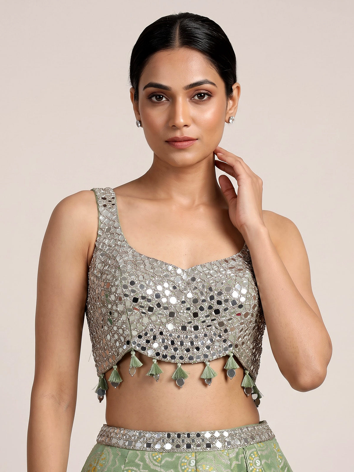 Pista green brocade silk lehenga choli with bandhani designer charm
