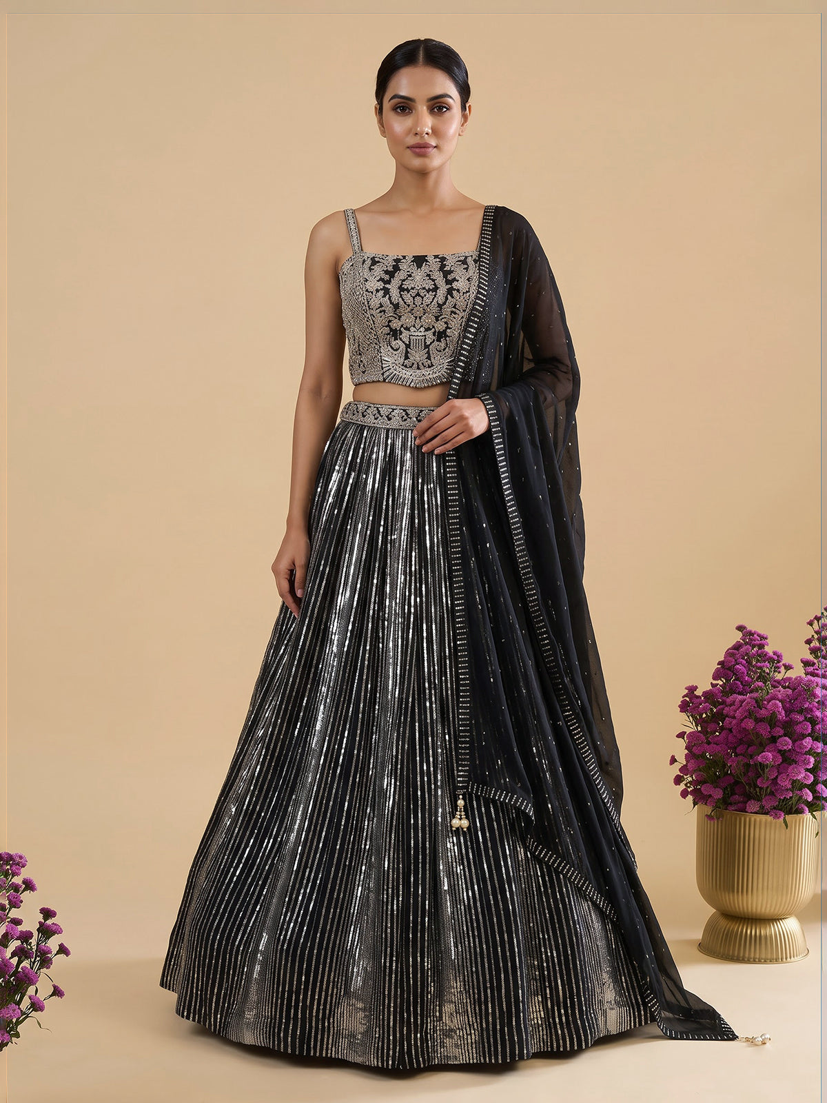 Black georgette designer lehenga with mirror and stone work