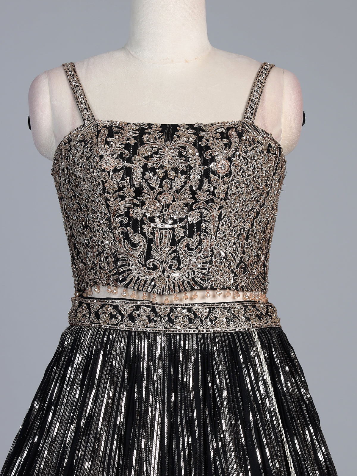 Black georgette designer lehenga with mirror and stone work