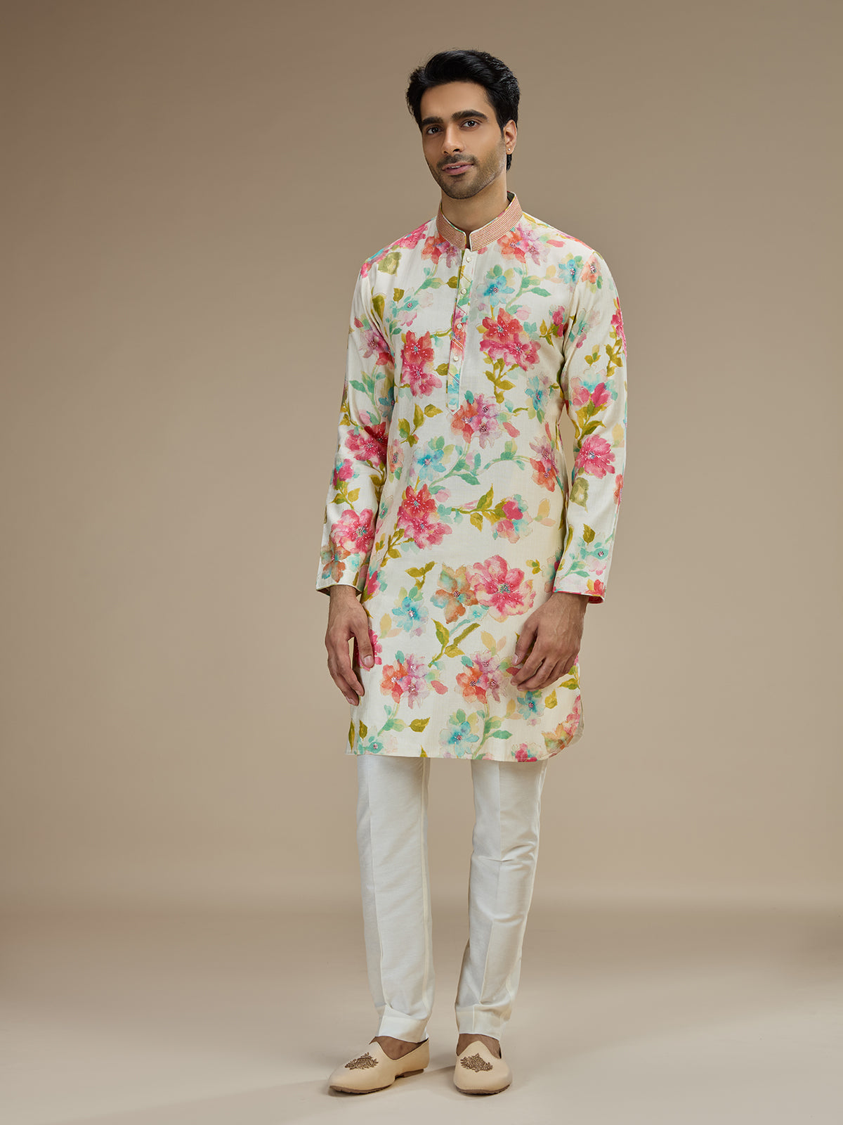 Cream men watercolor floral kurta pajama