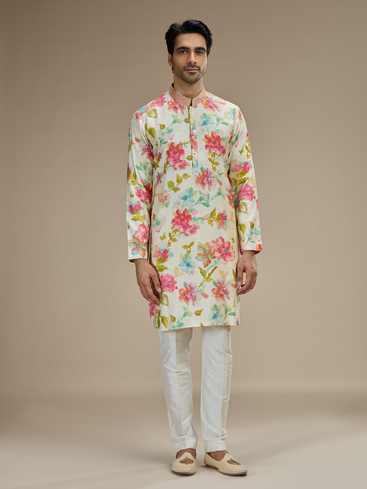 Cream men watercolor floral kurta pajama