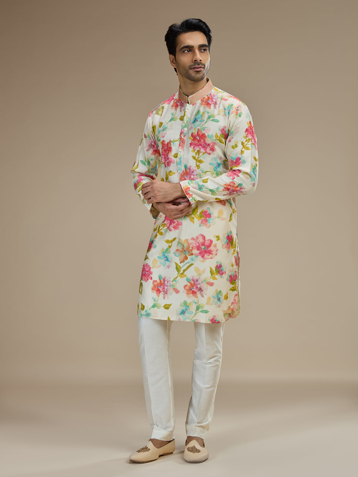 Cream men watercolor floral kurta pajama