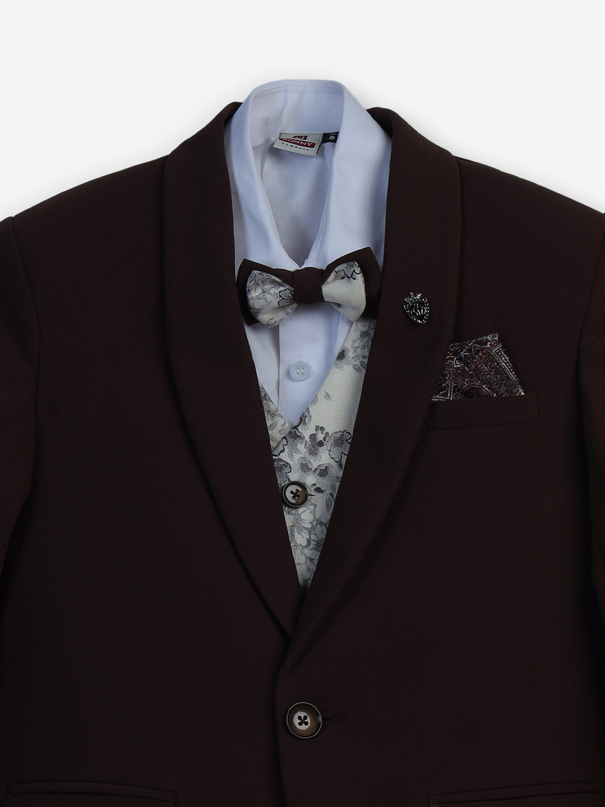Brown solid one-button terry rayon shawl lapel coat suit