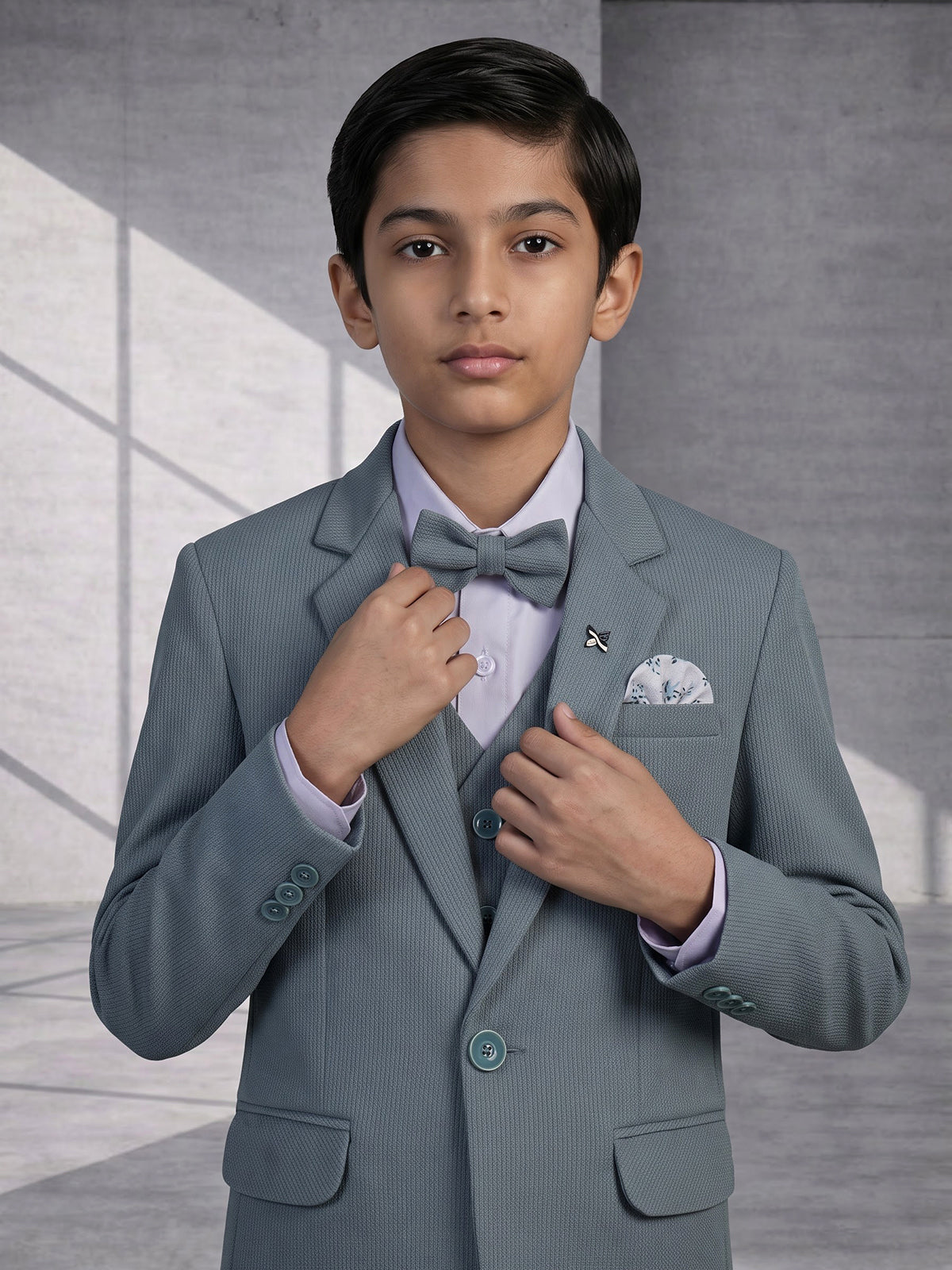 Grey solid one-button cotton blend coat suit