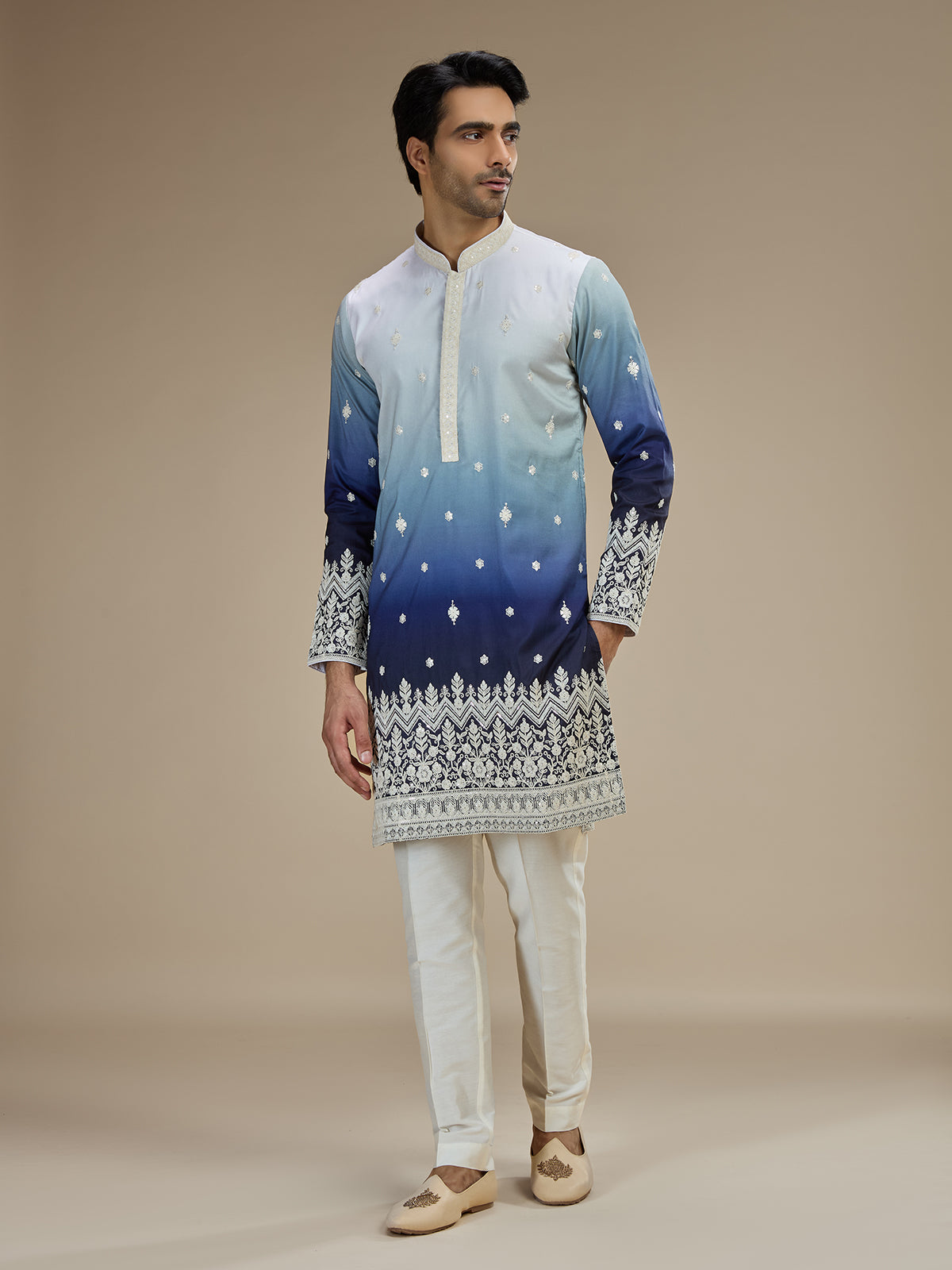 Ice blue men ombre tussar embroidered kurta suit