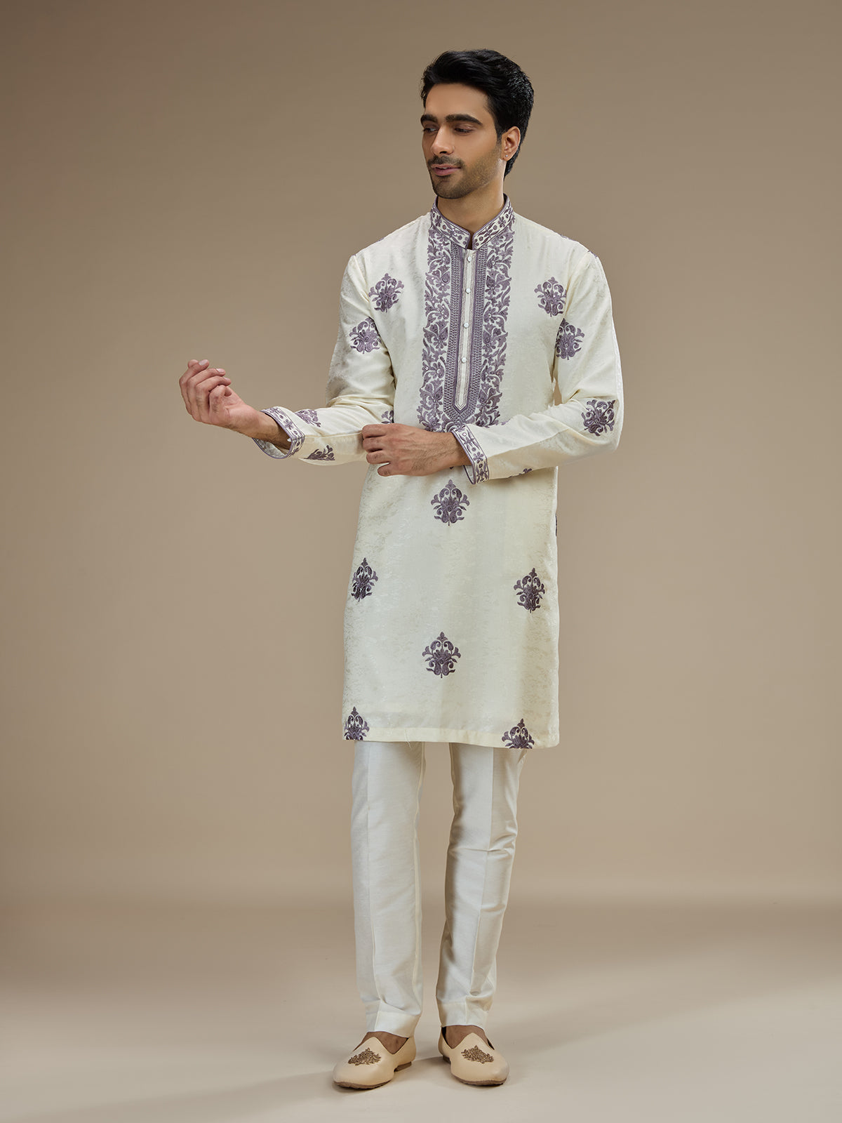Cream men purple baroque embroidered kurta pajama
