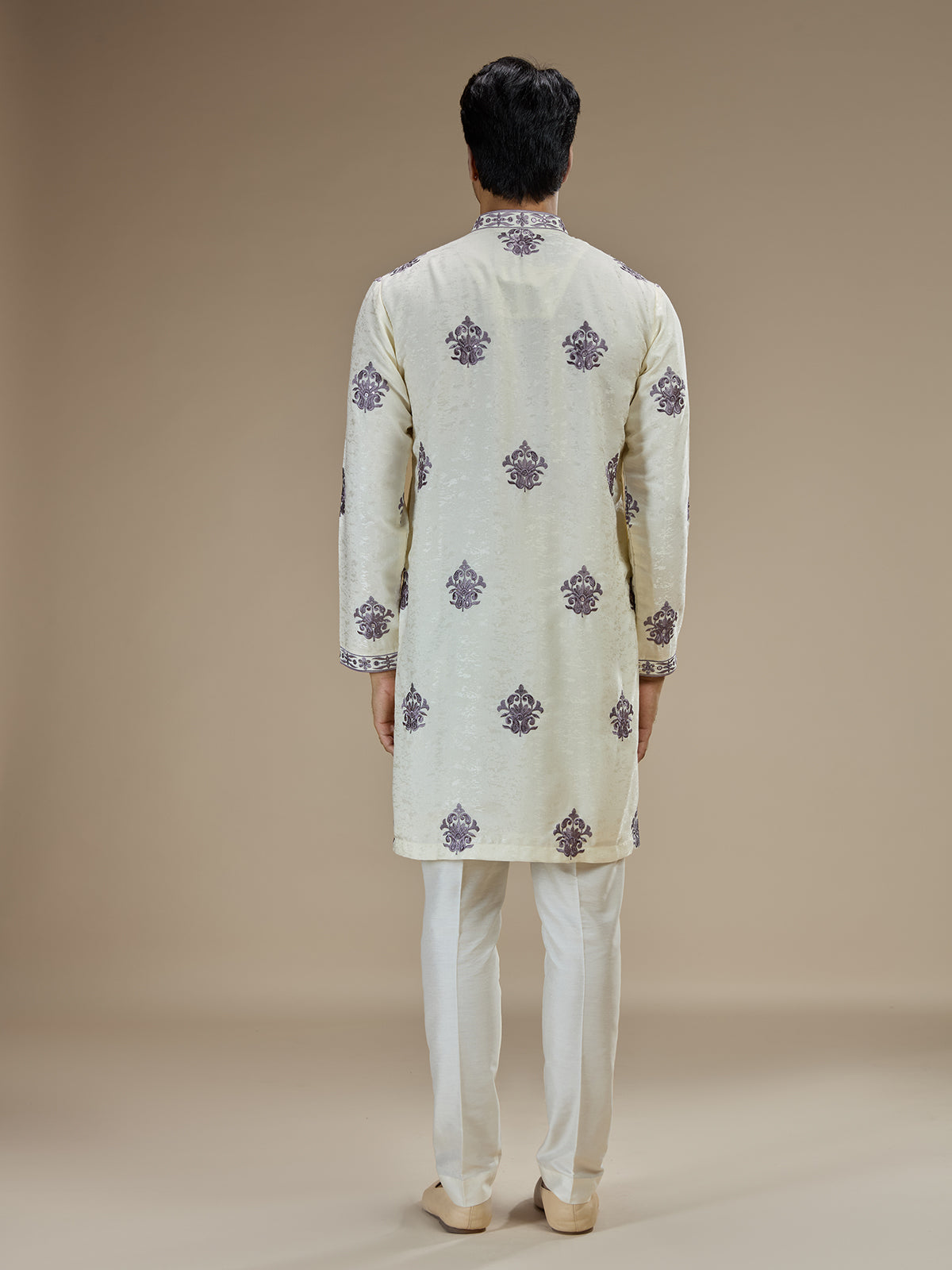 Cream men purple baroque embroidered kurta pajama