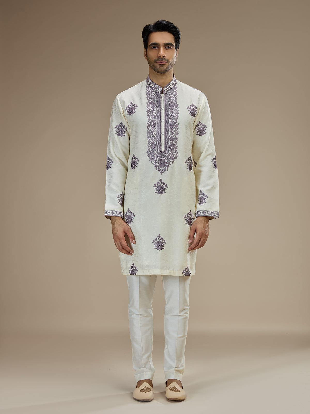 Cream men purple baroque embroidered kurta pajama