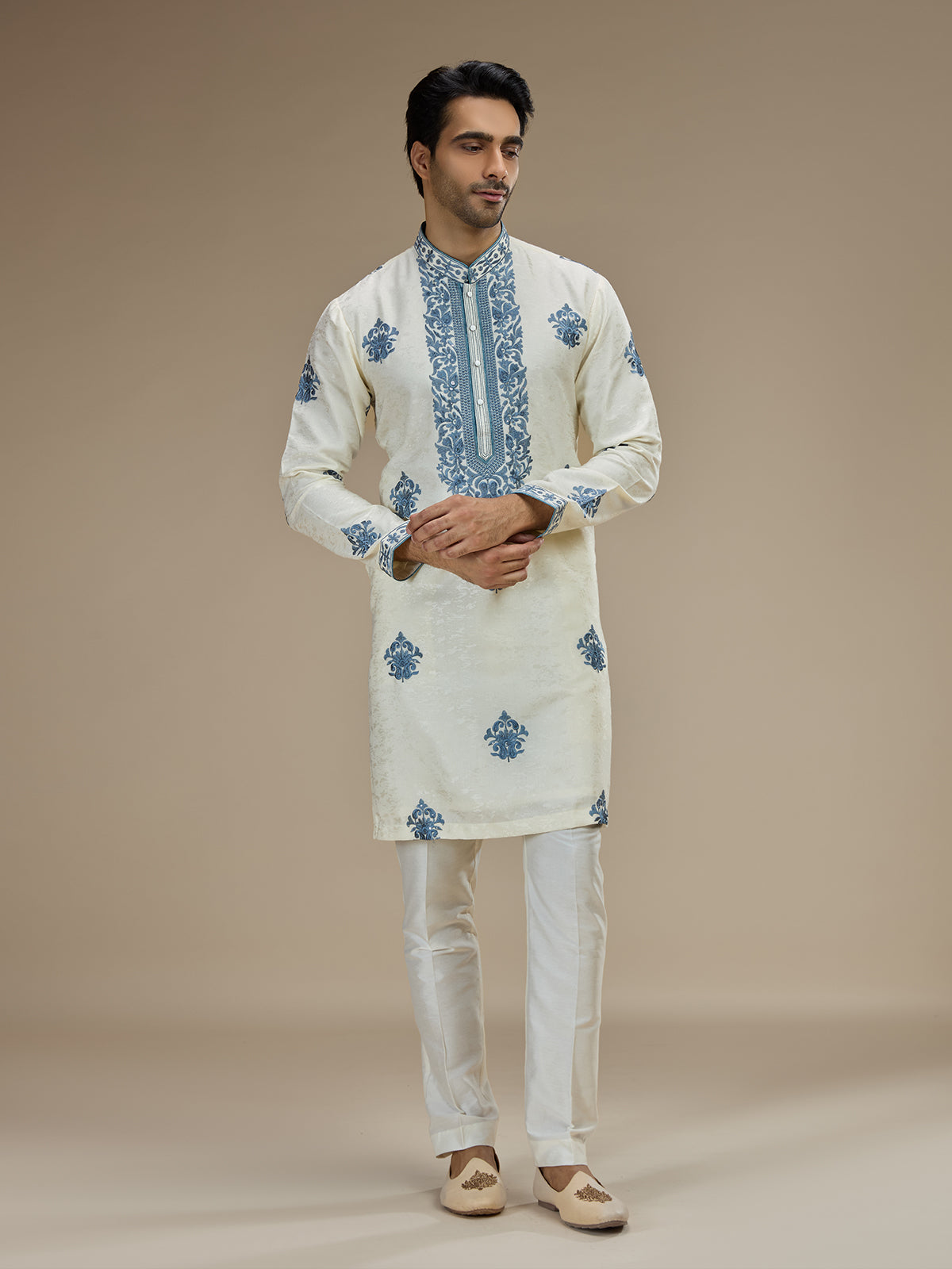 Cream men blue baroque floral kurta suit