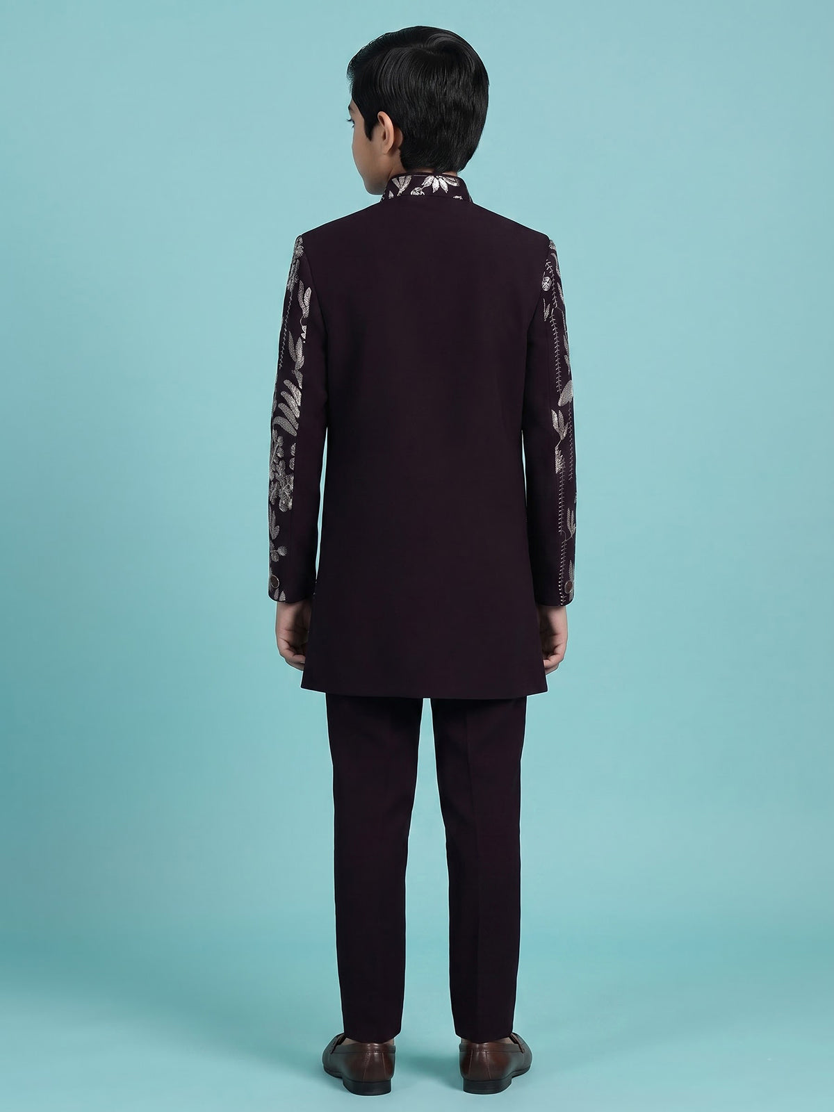 Wine terry rayon indowestern set with floral sequin elegance
